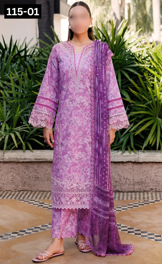VOL 115 | DS 01 | DIGITAL PRINTED BANADORA LAWN 3PC VOIL LAWN DUPATTA