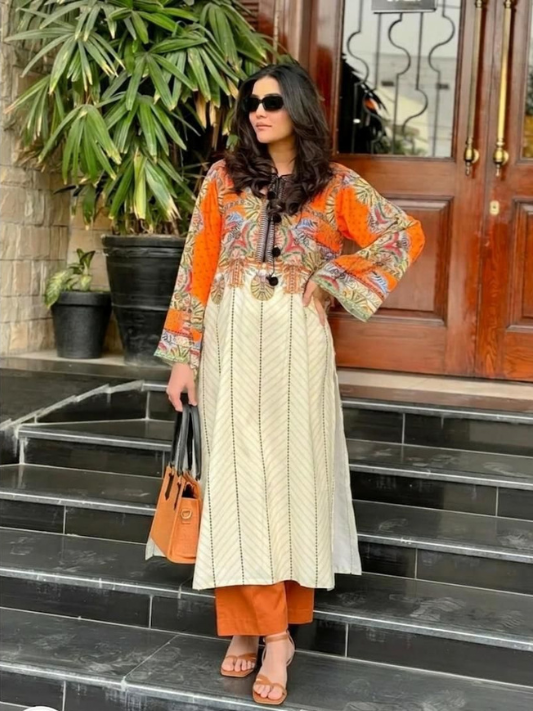 VOL 221 | DS 10 | PRINTED HIT CODES LAWN 2PC | DIGITAL PRINTED LAWN SHIRT PLAIN COTTON TROUSER