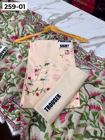 VOL 259 | DS 01 | SHANAYA | DIGITAL PRINTED 3PC LAWN SHIRT, DYED TROUSER, PRINTED VOIL DUPATTA