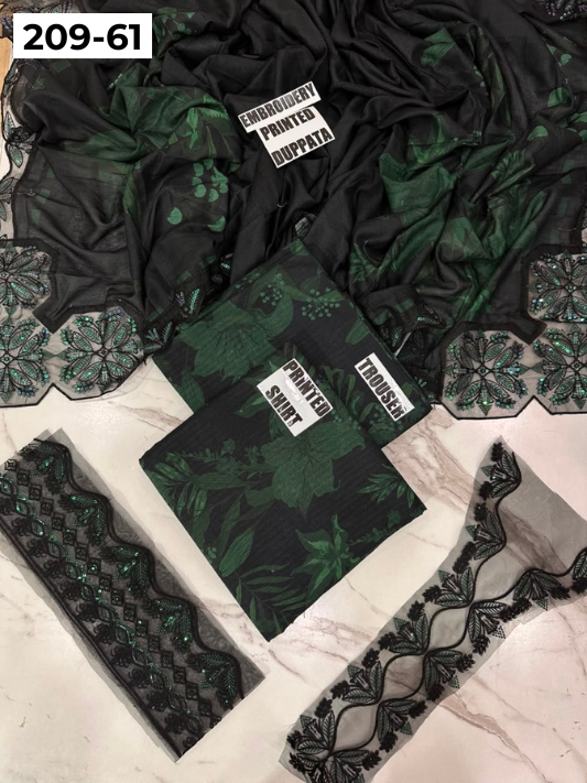 VOL 209 | DS 61 | LAWN 3PC PRINTED LAWN SHIRT ALONG WITH EMBROIDERED PATCHES PRINTED TROUSER EMBROIDERED DUPATTA