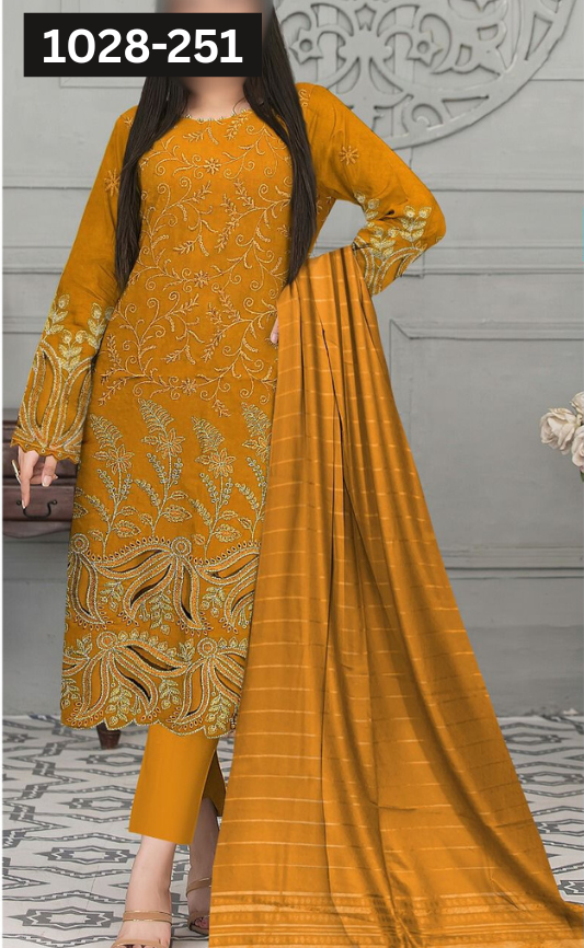 VOL 1028 | DS 251 | DHANAK DYED  EMBROIDERED 3PC DHANAK JACQUARD VELVET SHAWL