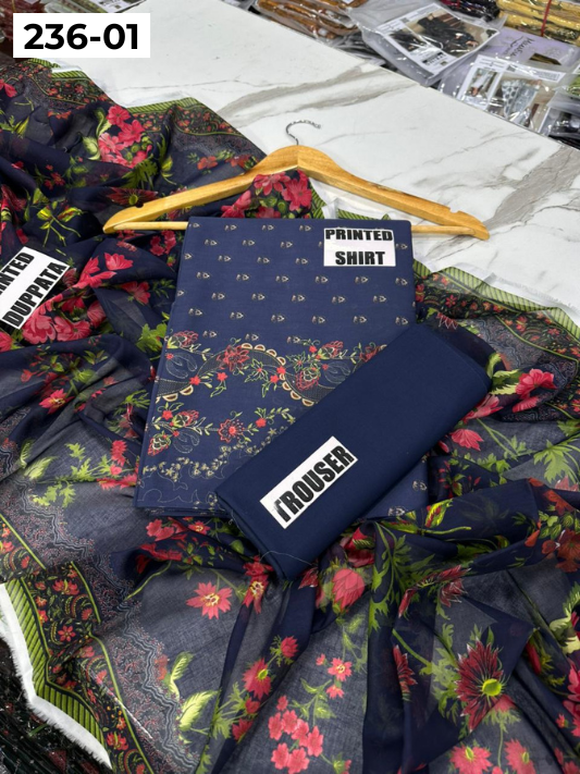 VOL 236 | DS 01 | MAUSUMMERY LAWN | DIGITAL PRINTED 3PC LAWN SHIRT PLAIN TROUSER PRINTED VOIL DUPATTA