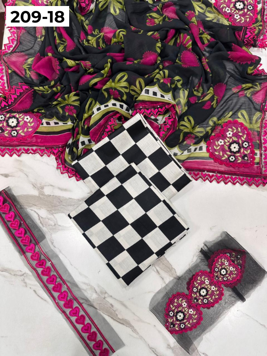 VOL 209 | DS 18 | LAWN 3PC PRINTED LAWN SHIRT ALONG WITH EMBROIDERED PATCHES PRINTED TROUSER EMBROIDERED DUPATTA