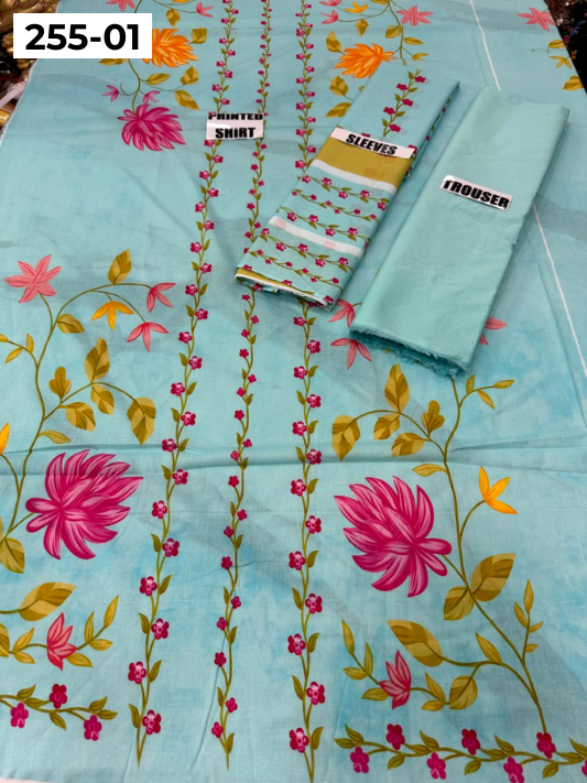 VOL 255 | DS 01 | PRINTED HIT CODES LAWN 2PC | DIGITAL PRINTED LAWN SHIRT PLAIN COTTON TROUSER