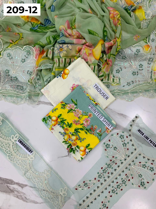 VOL 209 | DS 12 | LAWN 3PC PRINTED LAWN SHIRT ALONG WITH EMBROIDERED PATCHES PRINTED TROUSER EMBROIDERED DUPATTA