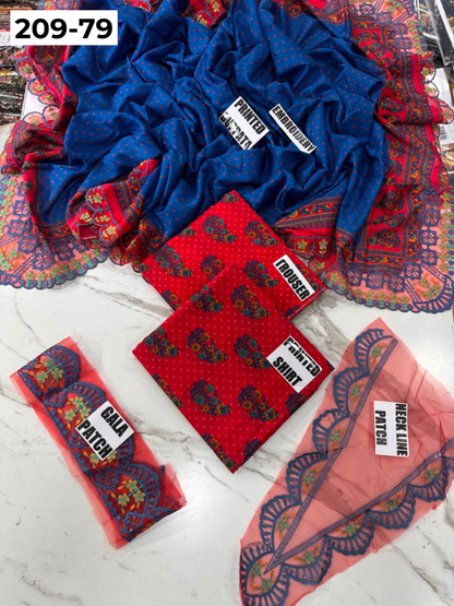 VOL 209 | DS 79 | LAWN 3PC PRINTED LAWN SHIRT ALONG WITH EMBROIDERED PATCHES PRINTED TROUSER EMBROIDERED DUPATTA