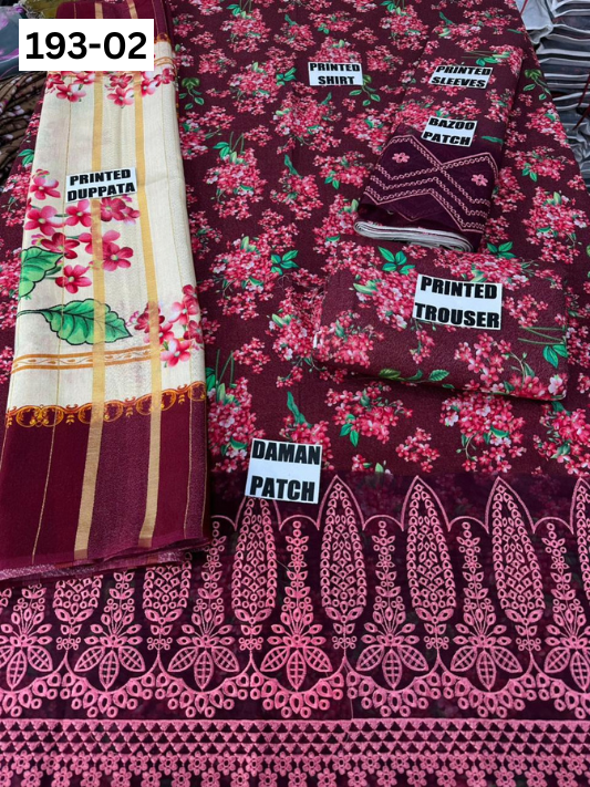 VOL 193 | DS 02 | DIGITAL PRINTED KARANDI 3PC | EMBROIDERED PATCHES | FANCY KARANDI DUPATTA