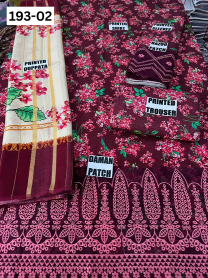 VOL 193 | DS 02 | DIGITAL PRINTED KARANDI 3PC | EMBROIDERED PATCHES | FANCY KARANDI DUPATTA
