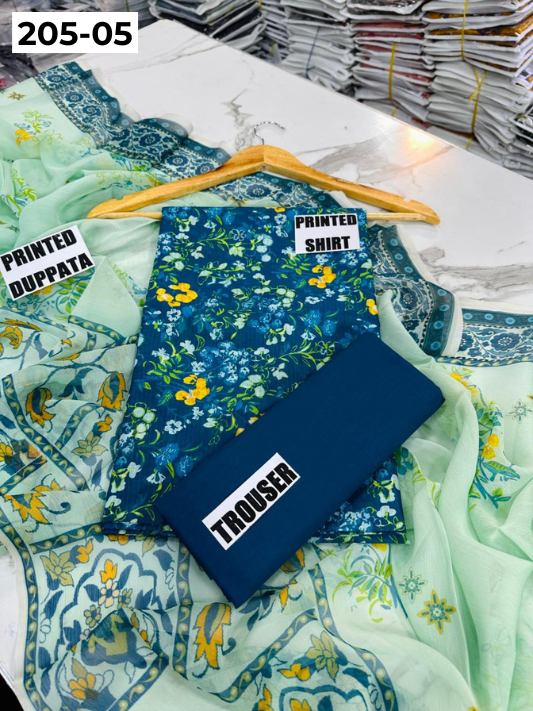 VOL 205 | DS 05 | DIGITAL PRINTED BANADORA LAWN SHIRT PLAIN TROUSER BAMBER CHIFFON DUPATTA