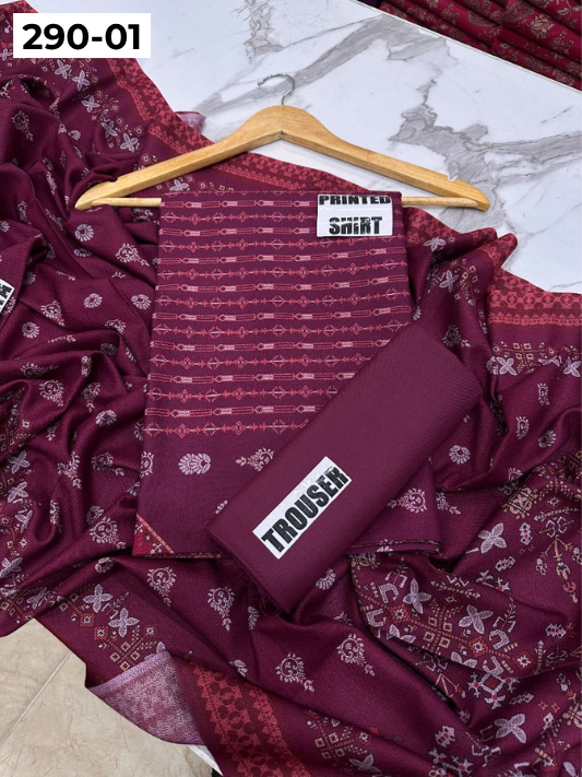 VOL 290 | DS 01 | PREMIUM DHANAK WINTER COLLECTON - DIGITAL PRINTED 3 PIECE SUIT | Printed Shirt with Neck Design | Plain Dyed Matching Trouser | Printed Dupatta