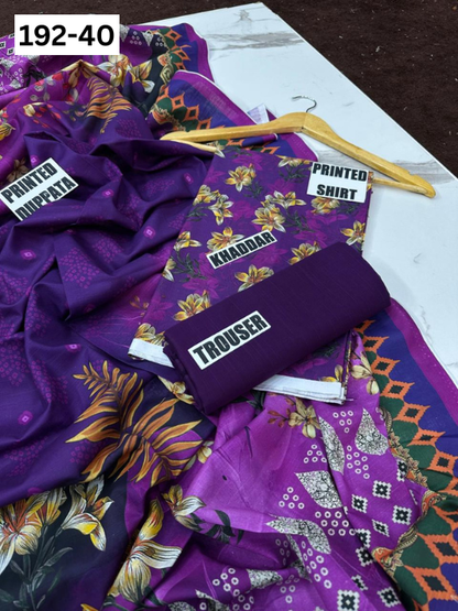 VOL 192 | DS 40 | DIGITAL PRINTED KHADDAR 3PC DYED TROUSER