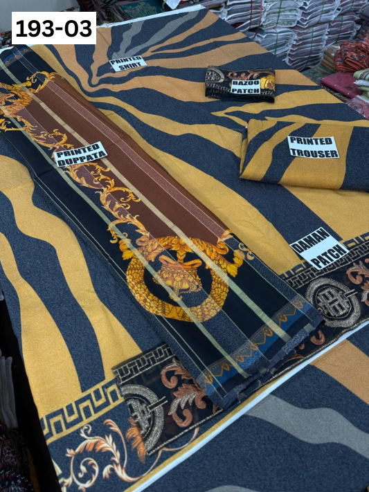VOL 193 | DS 03 | DIGITAL PRINTED KARANDI 3PC | EMBROIDERED PATCHES | FANCY KARANDI DUPATTA