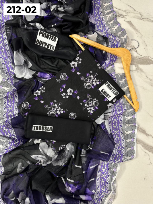 VOL 212 | DS 02 | DIGITAL PRINTED BANADORA LAWN SHIRT PLAIN TROUSER VOIL LAWN DUPATTA