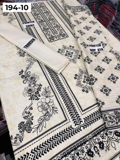 VOL 194 | DS 10 | Digital Printed Cotton Three Piece Doria Lawn Dupatta Plain Trouser