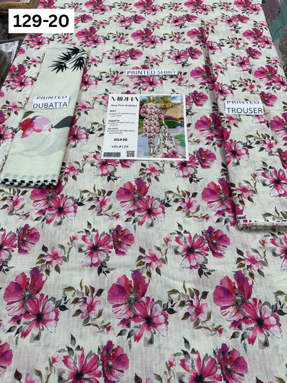 VOL 129 | DS 20 | DIGITAL PRINTED BANADORA LAWN 3PC VOIL LAWN DUPATTA
