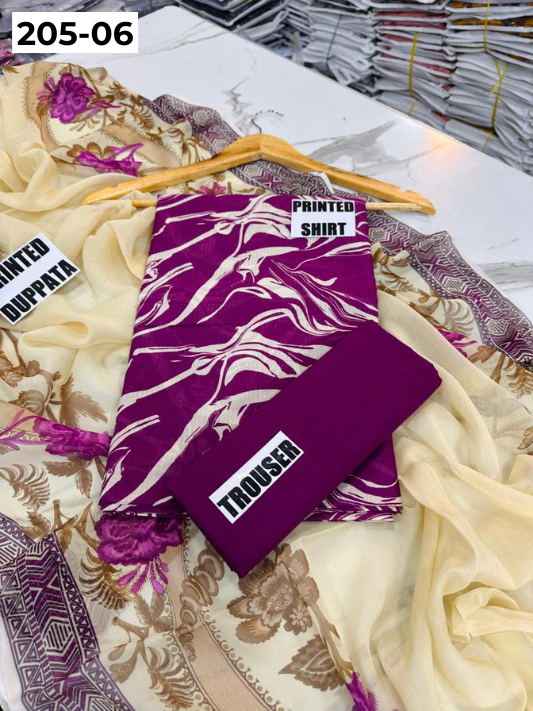 VOL 205 | DS 06 | DIGITAL PRINTED BANADORA LAWN SHIRT PLAIN TROUSER BAMBER CHIFFON DUPATTA