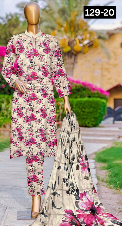 VOL 129 | DS 20 | DIGITAL PRINTED BANADORA LAWN 3PC VOIL LAWN DUPATTA