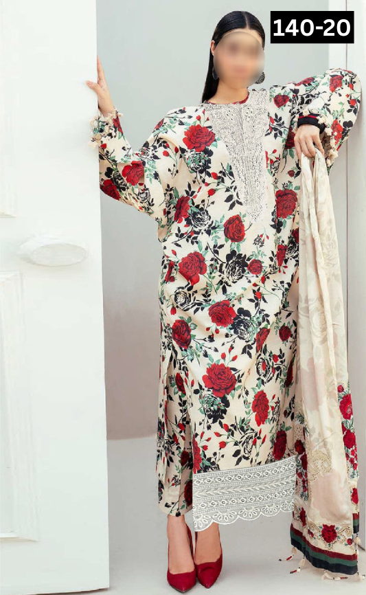 VOL 140 | DS 20 | DIGITAL PRINTED BANADORA LAWN 3PC | VOIL LAWN DUPATTA | EMBROIDERED ORAGANZA PATCHES