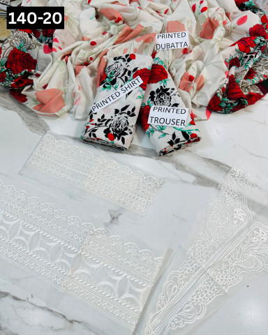 VOL 140 | DS 20 | DIGITAL PRINTED BANADORA LAWN 3PC | VOIL LAWN DUPATTA | EMBROIDERED ORAGANZA PATCHES
