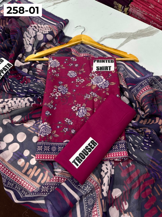 VOL 258 | DS 01 | GulBANO | DIGITAL PRINTED 3PC LAWN SHIRT, DYED TROUSER, PRINTED VOIL DUPATTA