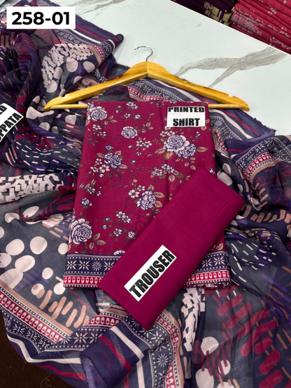 VOL 258 | DS 01 | GulBANO | DIGITAL PRINTED 3PC LAWN SHIRT, DYED TROUSER, PRINTED VOIL DUPATTA
