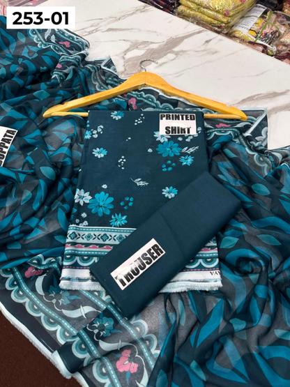 VOL 253 | DS 01 | GULNAAR | DIGITAL PRINTED 3PC LAWN SHIRT, DYED TROUSER, PRINTED VOIL DUPATTA