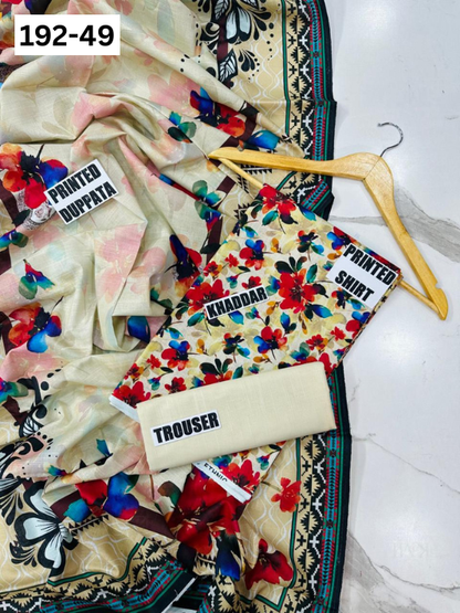 VOL 192 | DS 49 | DIGITAL PRINTED KHADDAR 3PC DYED TROUSER