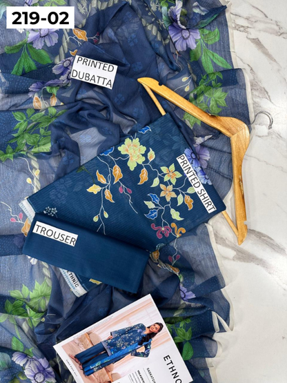 VOL 219 | DS 02 | ETHNC LAWN 3PC | DIGITAL PRINTED BANADORA LAWN SHIRT PLAIN TROUSER BAMBER CHIFFON DUPATTA