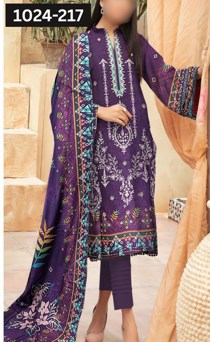 VOL 1024 | DS 217 | EMBROIDERED PLUS DIGITAL PRINTED DHANAK 3PC DHANAK SHAWL