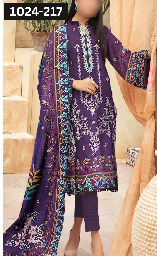 VOL 1024 | DS 217 | EMBROIDERED PLUS DIGITAL PRINTED DHANAK 3PC DHANAK SHAWL
