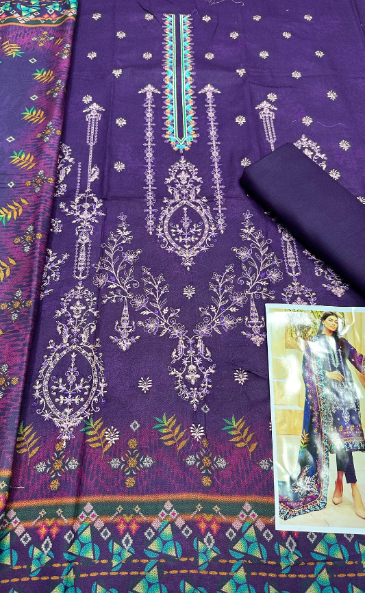 VOL 1024 | DS 217 | EMBROIDERED PLUS DIGITAL PRINTED DHANAK 3PC DHANAK SHAWL