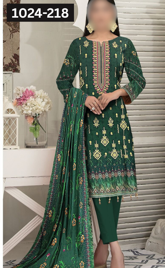 VOL 1024 | DS 218 | EMBROIDERED PLUS DIGITAL PRINTED DHANAK 3PC DHANAK SHAWL