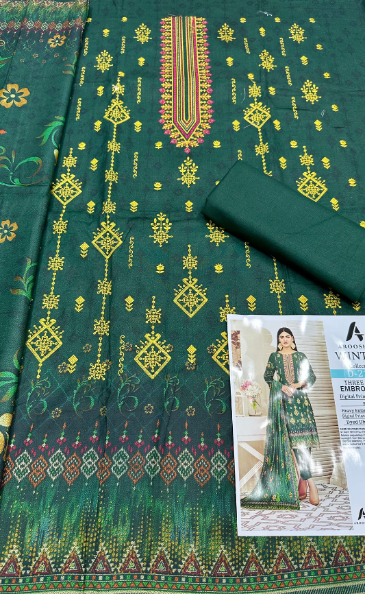 VOL 1024 | DS 218 | EMBROIDERED PLUS DIGITAL PRINTED DHANAK 3PC DHANAK SHAWL