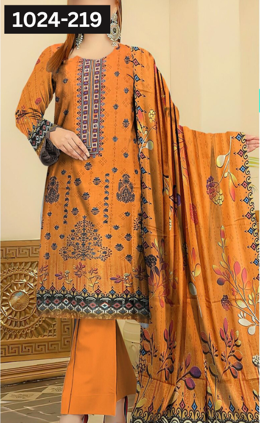 VOL 1024 | DS 219 | EMBROIDERED PLUS DIGITAL PRINTED DHANAK 3PC DHANAK SHAWL