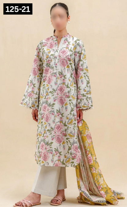 VOL 125 | DS 21 | DIGITAL PRINTED BANADORA LAWN 3PC VOIL LAWN DUPATTA