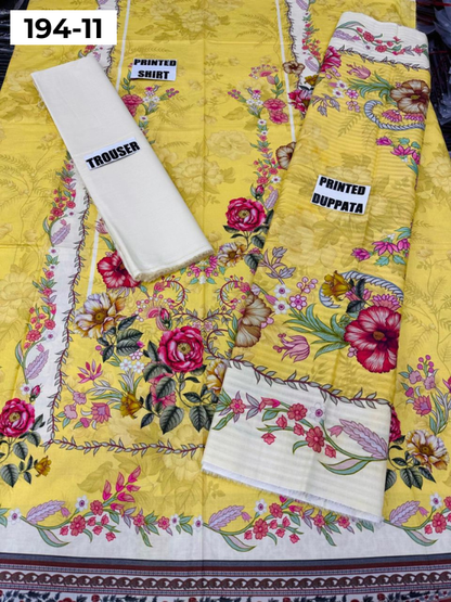 VOL 194 | DS 11 | Digital Printed Cotton Three Piece Doria Lawn Dupatta Plain Trouser