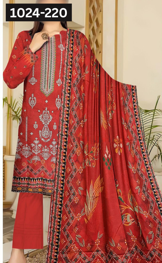 VOL 1024 | DS 220 | EMBROIDERED PLUS DIGITAL PRINTED DHANAK 3PC DHANAK SHAWL
