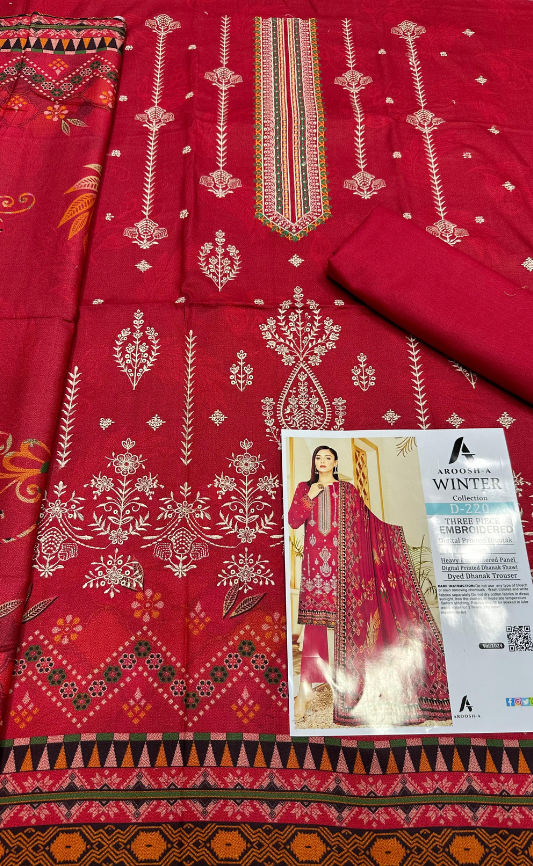 VOL 1024 | DS 220 | EMBROIDERED PLUS DIGITAL PRINTED DHANAK 3PC DHANAK SHAWL