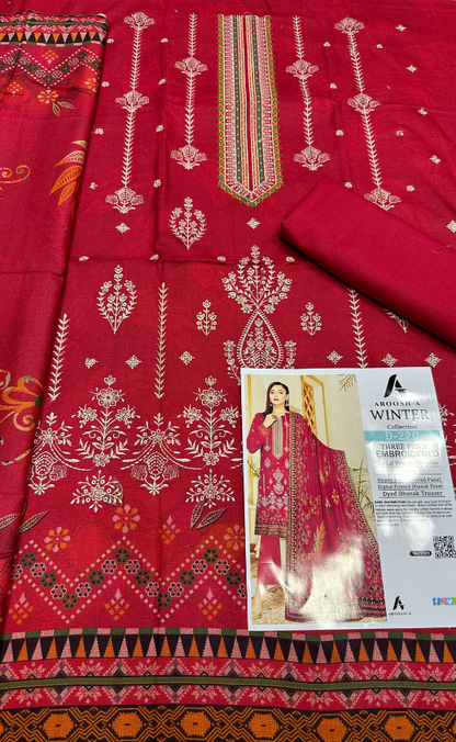 VOL 1024 | DS 220 | EMBROIDERED PLUS DIGITAL PRINTED DHANAK 3PC DHANAK SHAWL