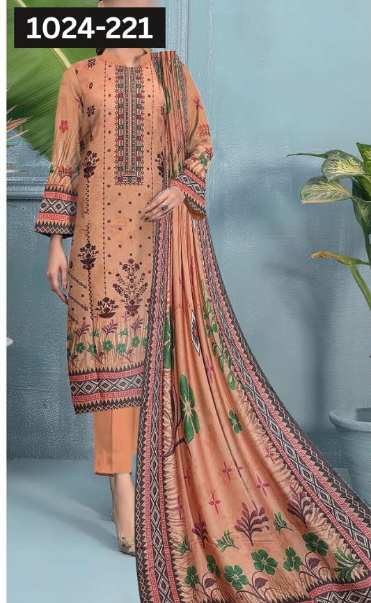 VOL 1024 | DS 221 | EMBROIDERED PLUS DIGITAL PRINTED DHANAK 3PC DHANAK SHAWL