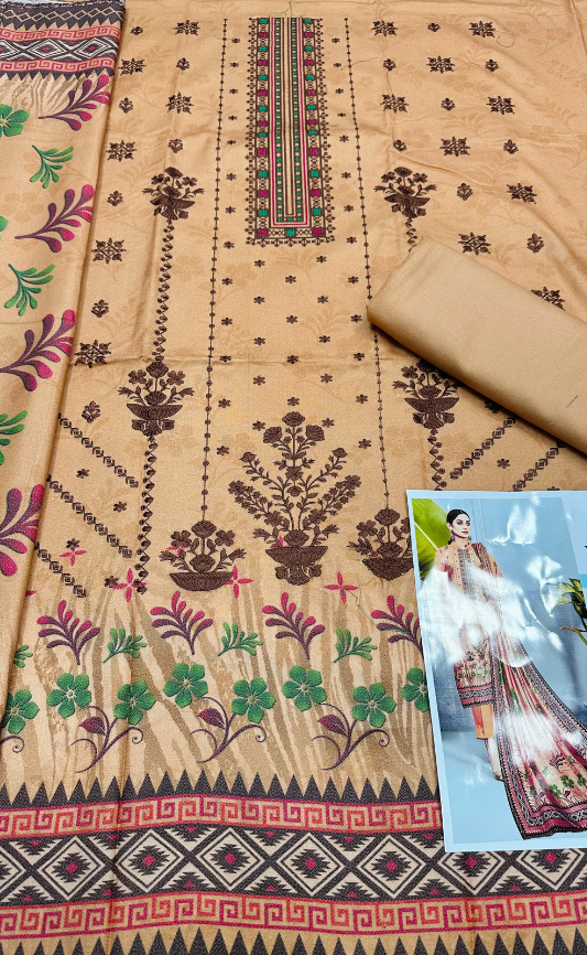 VOL 1024 | DS 221 | EMBROIDERED PLUS DIGITAL PRINTED DHANAK 3PC DHANAK SHAWL