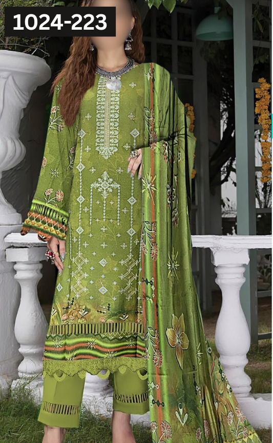 VOL 1024 | DS 223 | EMBROIDERED PLUS DIGITAL PRINTED DHANAK 3PC DHANAK SHAWL