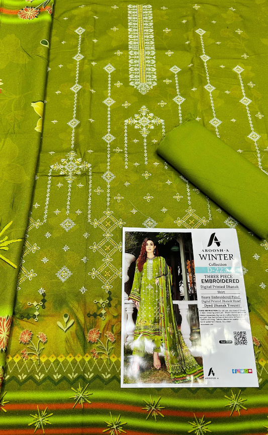 VOL 1024 | DS 223 | EMBROIDERED PLUS DIGITAL PRINTED DHANAK 3PC DHANAK SHAWL