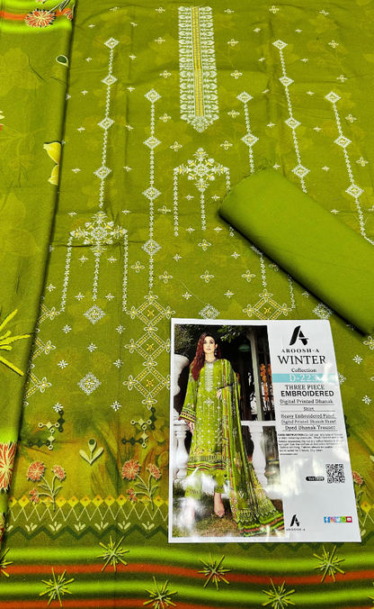 VOL 1024 | DS 223 | EMBROIDERED PLUS DIGITAL PRINTED DHANAK 3PC DHANAK SHAWL