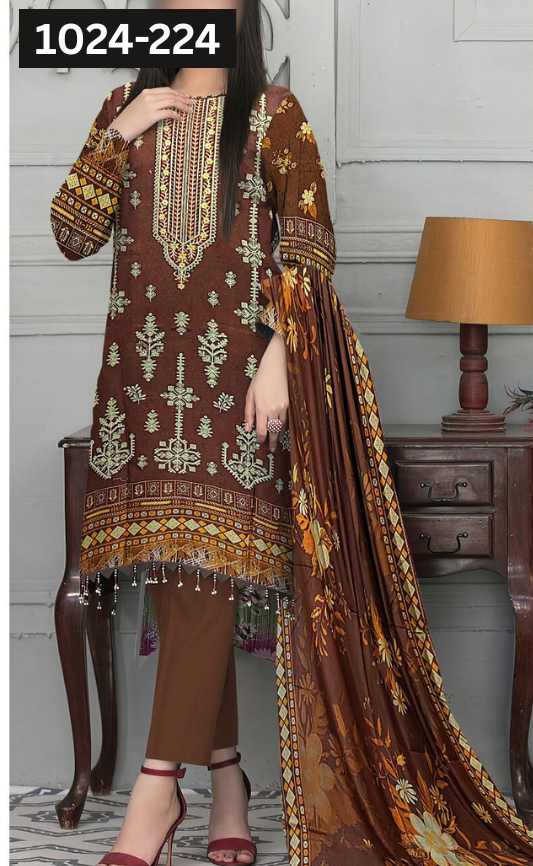 VOL 1024 | DS 224 | EMBROIDERED PLUS DIGITAL PRINTED DHANAK 3PC DHANAK SHAWL