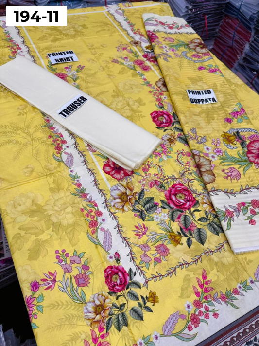 VOL 194 | DS 11 | Digital Printed Cotton Three Piece Doria Lawn Dupatta Plain Trouser