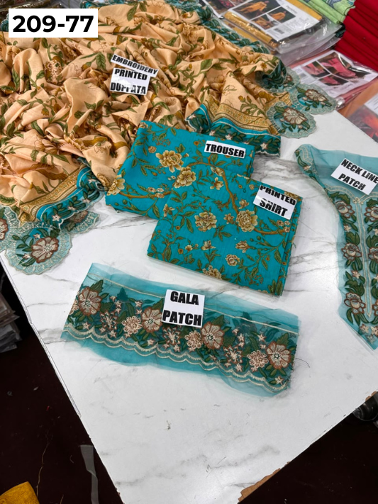 VOL 209 | DS 77 | LAWN 3PC PRINTED LAWN SHIRT ALONG WITH EMBROIDERED PATCHES PRINTED TROUSER EMBROIDERED DUPATTA