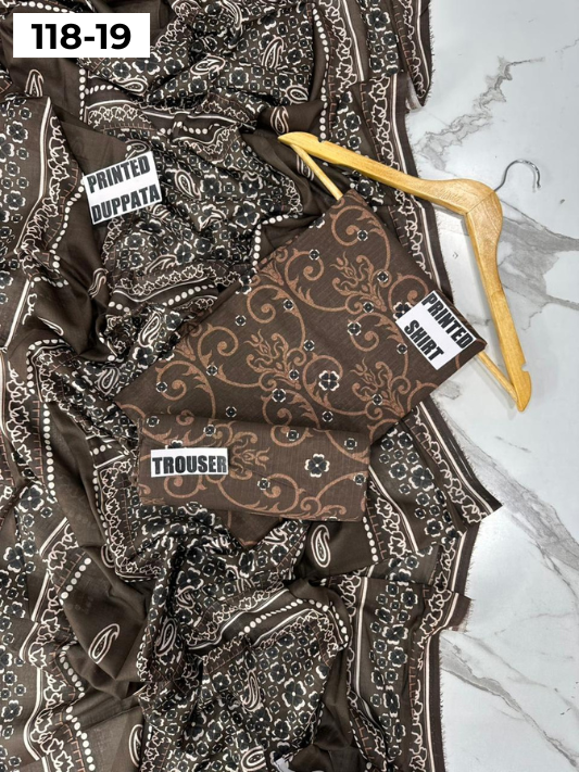 VOL 118 | DS 19 | DIGITAL PRINTED BANADORA LAWN 3PC VOIL LAWN DUPATTA