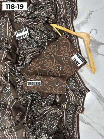 VOL 118 | DS 19 | DIGITAL PRINTED BANADORA LAWN 3PC VOIL LAWN DUPATTA