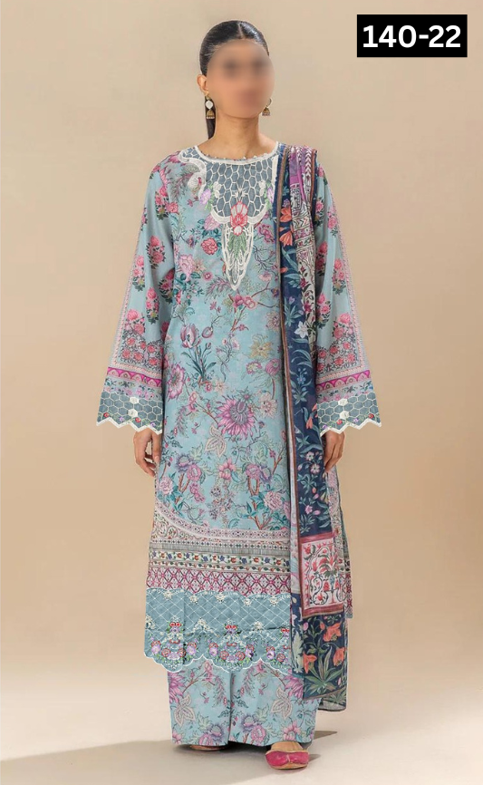 VOL 140 | DS 22 | DIGITAL PRINTED BANADORA LAWN 3PC | VOIL LAWN DUPATTA | EMBROIDERED ORAGANZA PATCHES